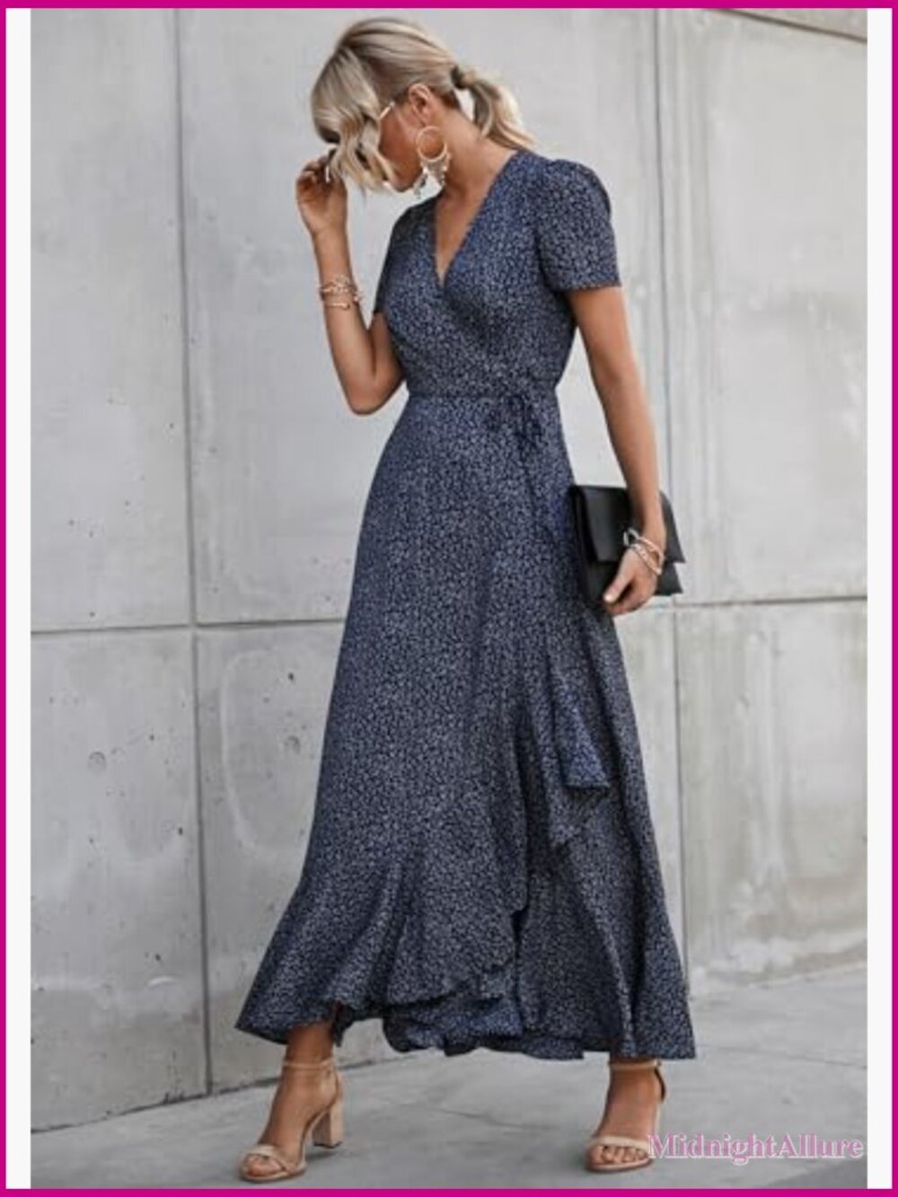 Boho Floral Wrap V Neck Maxi Dress Short Sleeve Flowy Beach Vacation - Picture 3 of 7